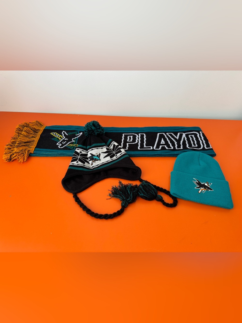 NWOT- SAN JOSE SHARK GEAR- SCARF AND 2 HATS! GREAT PACKAGE FOR SHARK TANK GEAR.